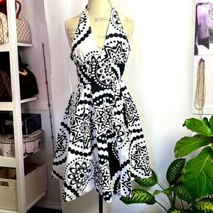 MNG by Mango halter floral B&W dress sundress cupcake black and white starburst